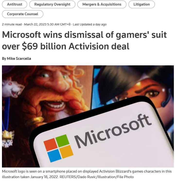 美国加州玩家对微软动视暴雪收购提起诉讼 被法官驳回