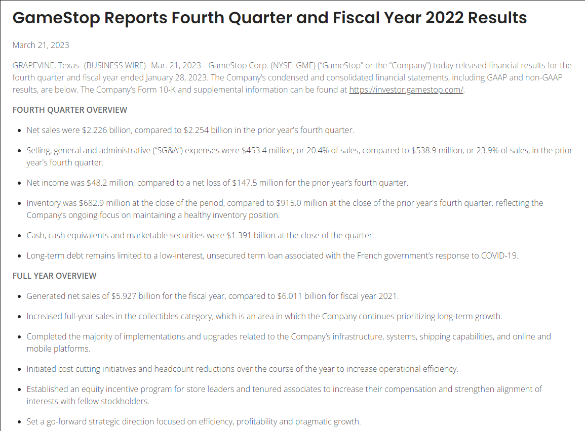 美国零售商GameStop 2022财年亏损3.13亿美元