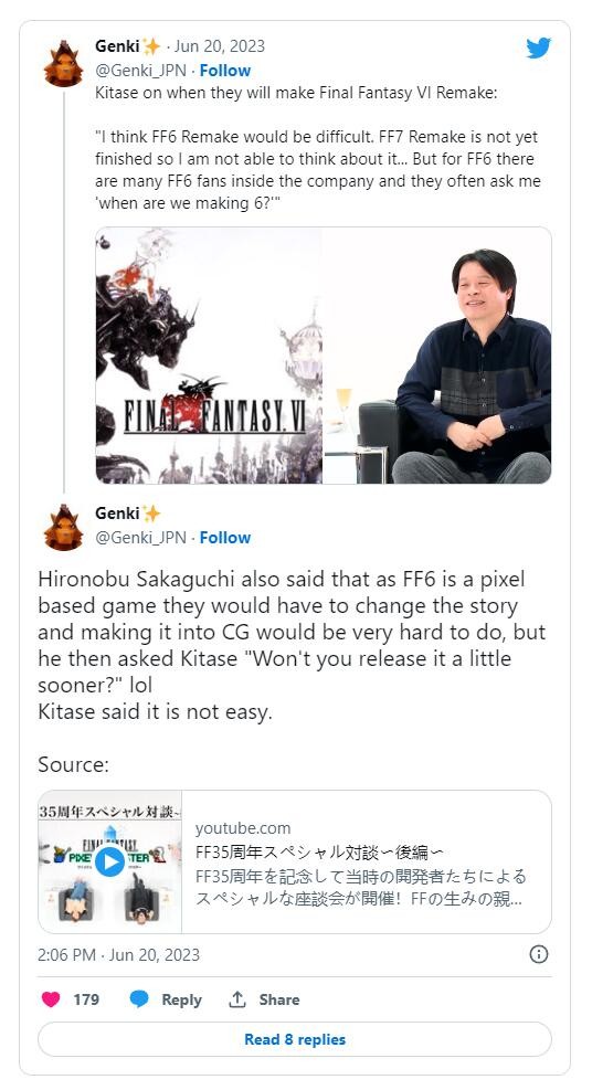 北濑佳范表示《最终幻想6》重制“相当困难”