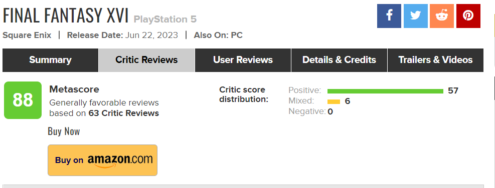 《最终幻想16》媒体评分解禁 M站均分88