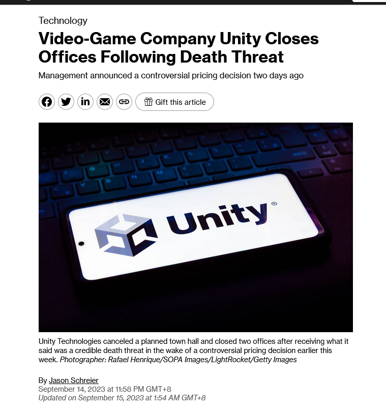 Unity引来死亡威胁 被迫关闭多处办公室