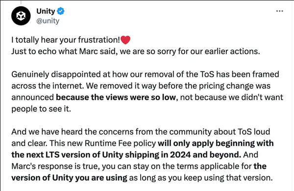 Unity负责人：“安装费”本意是为建立可持续业务