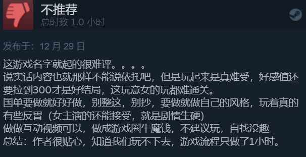 《完蛋！我也能追到美女了！》Steam褒贬不一 缺乏游戏性